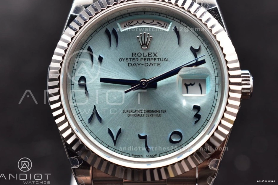 710 GMF Arabic A3255 Steel Dial Cozy Markers SS Blue V on DayDate President Bracelet 40 Iced 904L 1025